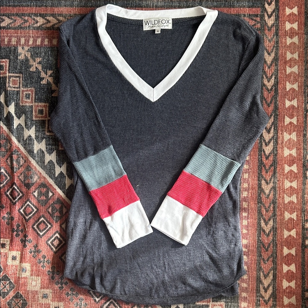 Wildfox Women's V-Neck Colorblock Thermal Sweater - Navy, White, Light Blue, Red